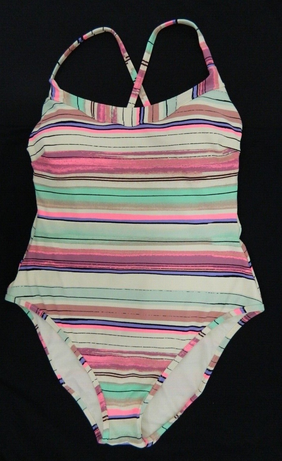 Jessica Simpson Large Multi-Color Striped Ribbed X-Back 1-Piece Swimsuit NWT L