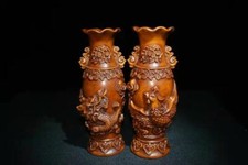 Chinese Natural Boxwood Hand carved Exquisite A Pair Dragon & Phoenix Vases 2795