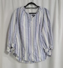 Chaps Womens 3XL Blue & Pink Striped Cotton Tunic Puff Sleeves Linen Look