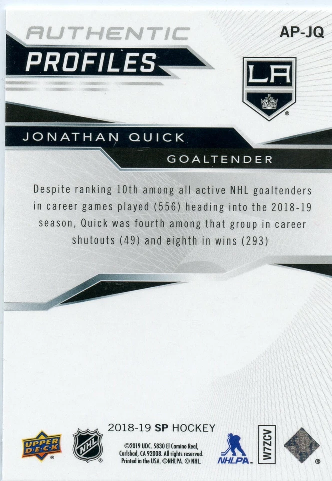 2018-19 SP Authentic Profiles Blue #AP-JQ Jonathan Quick - Image 2 of 2