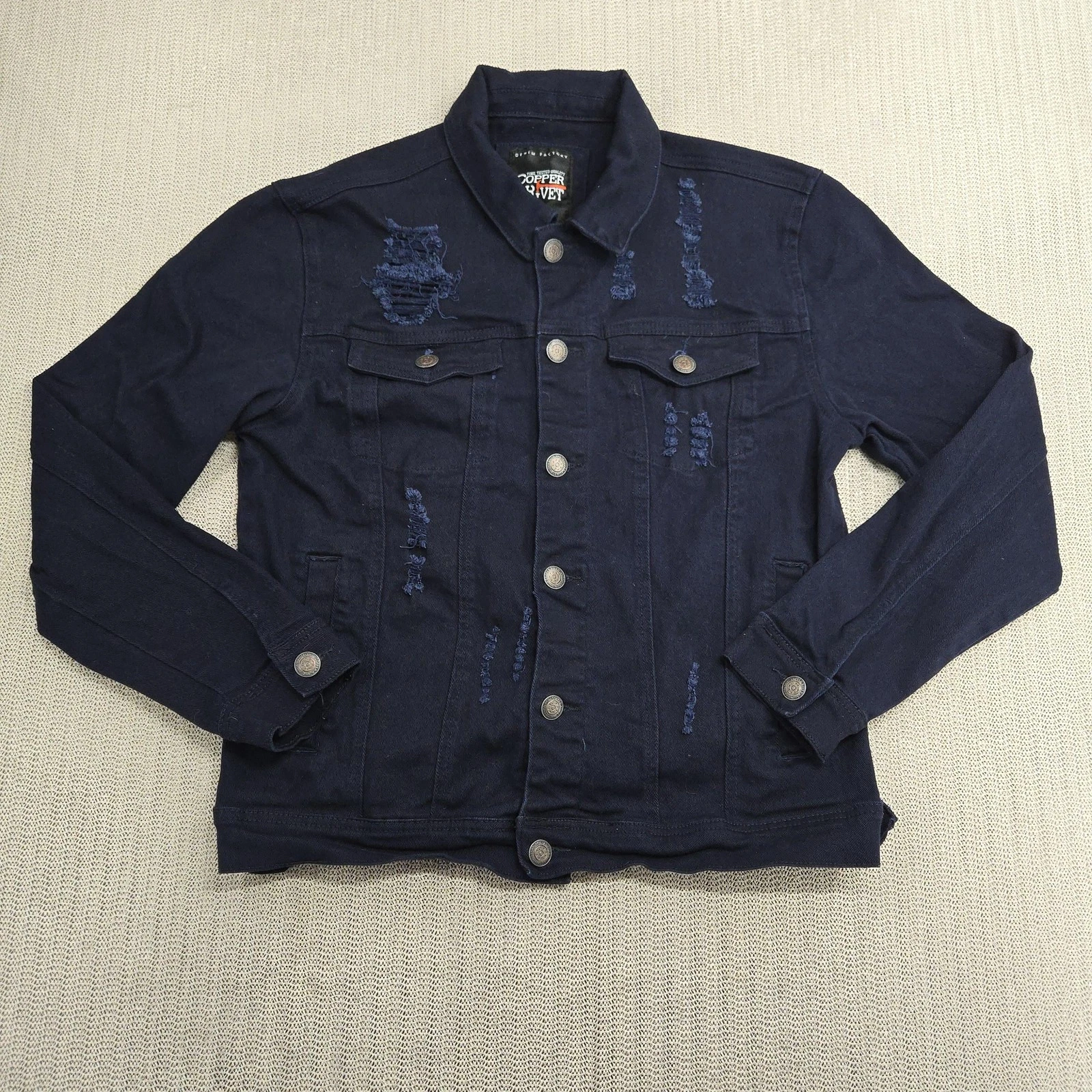 Copper Rivet Jacket Mens Large Blue Denim Distressed Trucker Button Front image 2