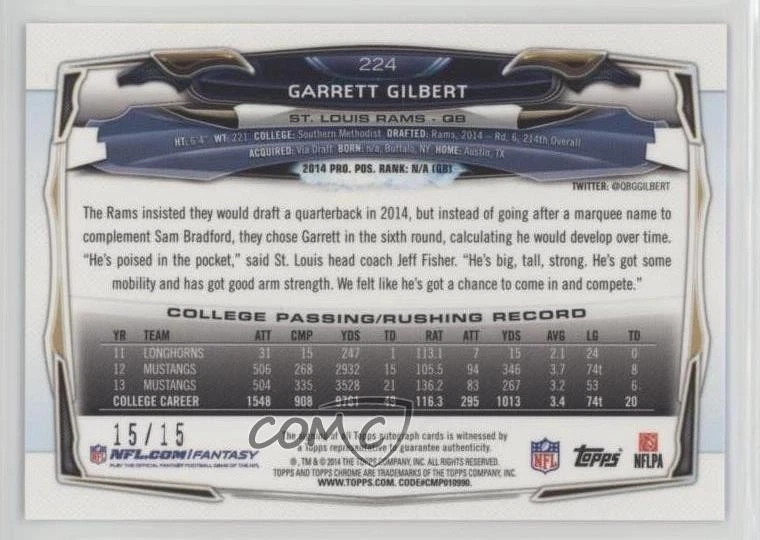 2014 Topps Chrome Pulsar Refractor Rookie Auto /15 Garrett Gilbert #224 Auto RC - Image 2 of 2