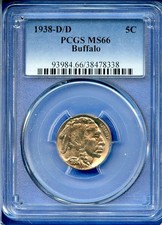 1938 D/D PCGS MS66 Buffalo Nickel 5c US Mint 1938-D/D MS-66