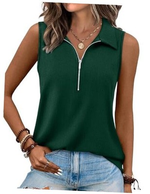  Womens Summer Tops V Neck Collared Shirts Dressy Casual Ribbed Large Green