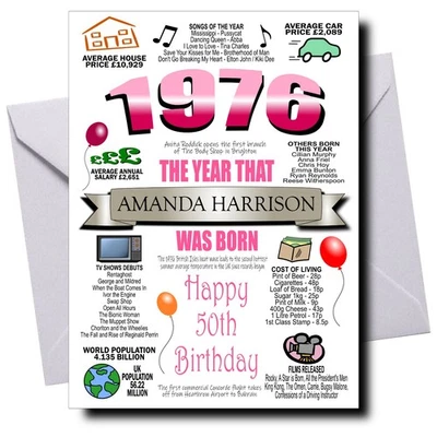 BEESPOKE CARDS PERSONALISED 50th BIRTHDAY CARD FEMALE, 1976, FOR MUM WIFE SISTER GRANDMA ETC