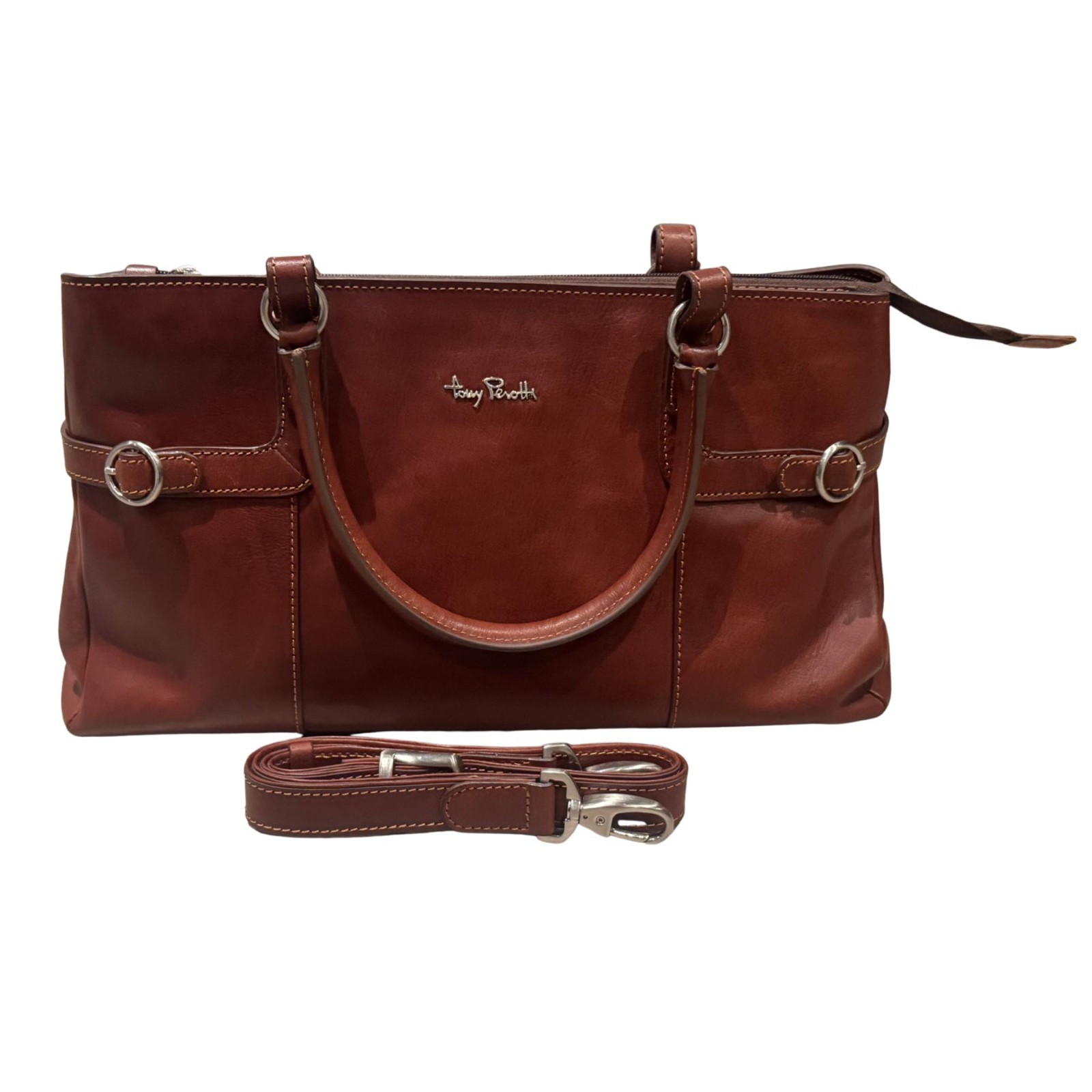 *OFERTA PRECIO DE VENTA RECOMENDADO £240 Bolso de mano marrón de cuero italiano para el hombro Tony Perotti