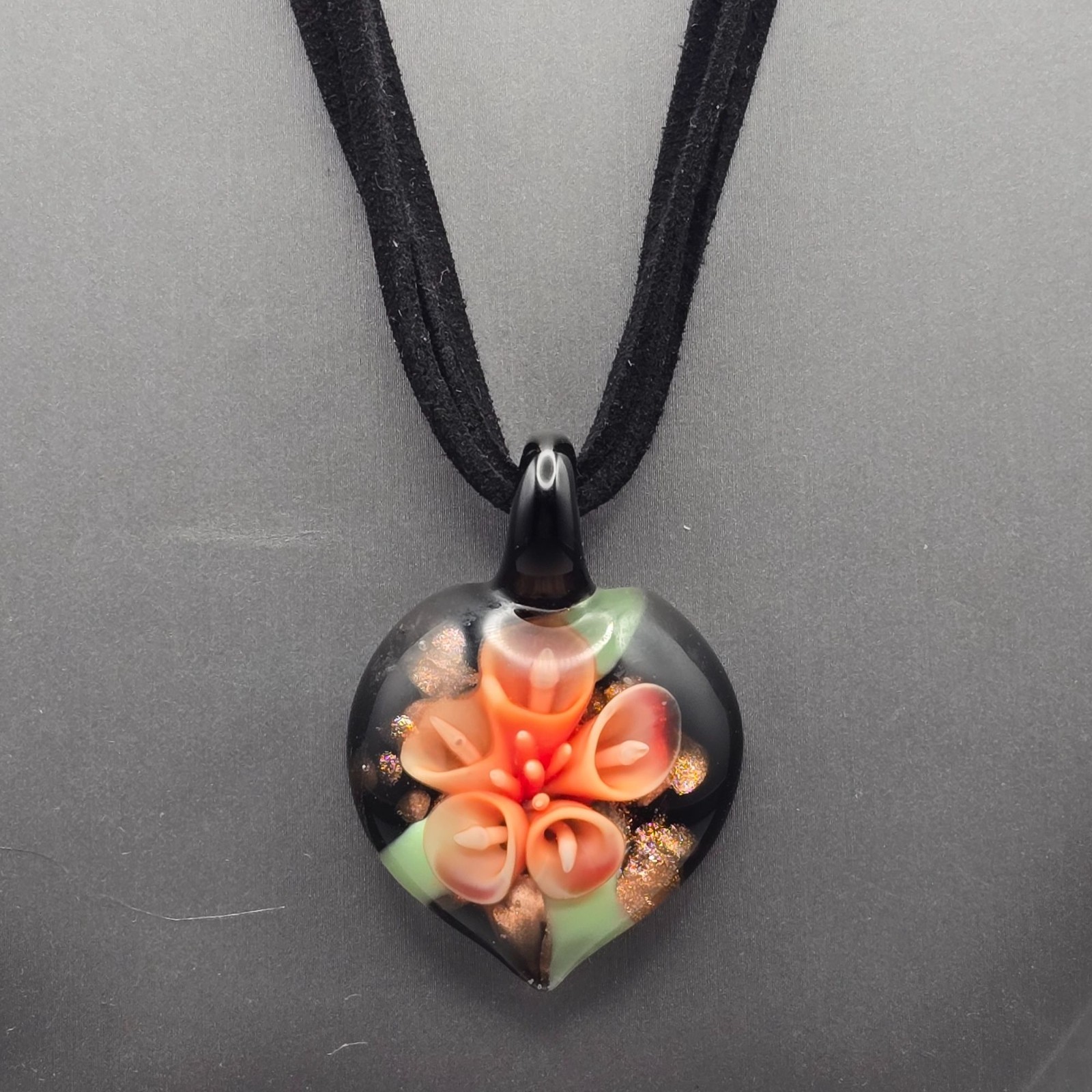 Murano-Style Floral Foil Glass Pendant Necklace 16