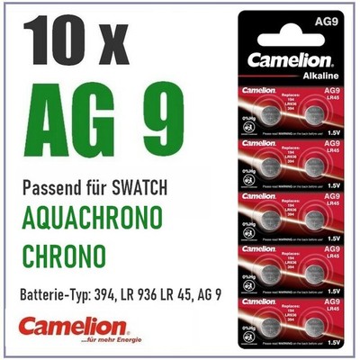 10 Knopfzellen AG9, 394, LR936, SR936, LR45 für SWATCH Aquachrono, Irony, Chrono