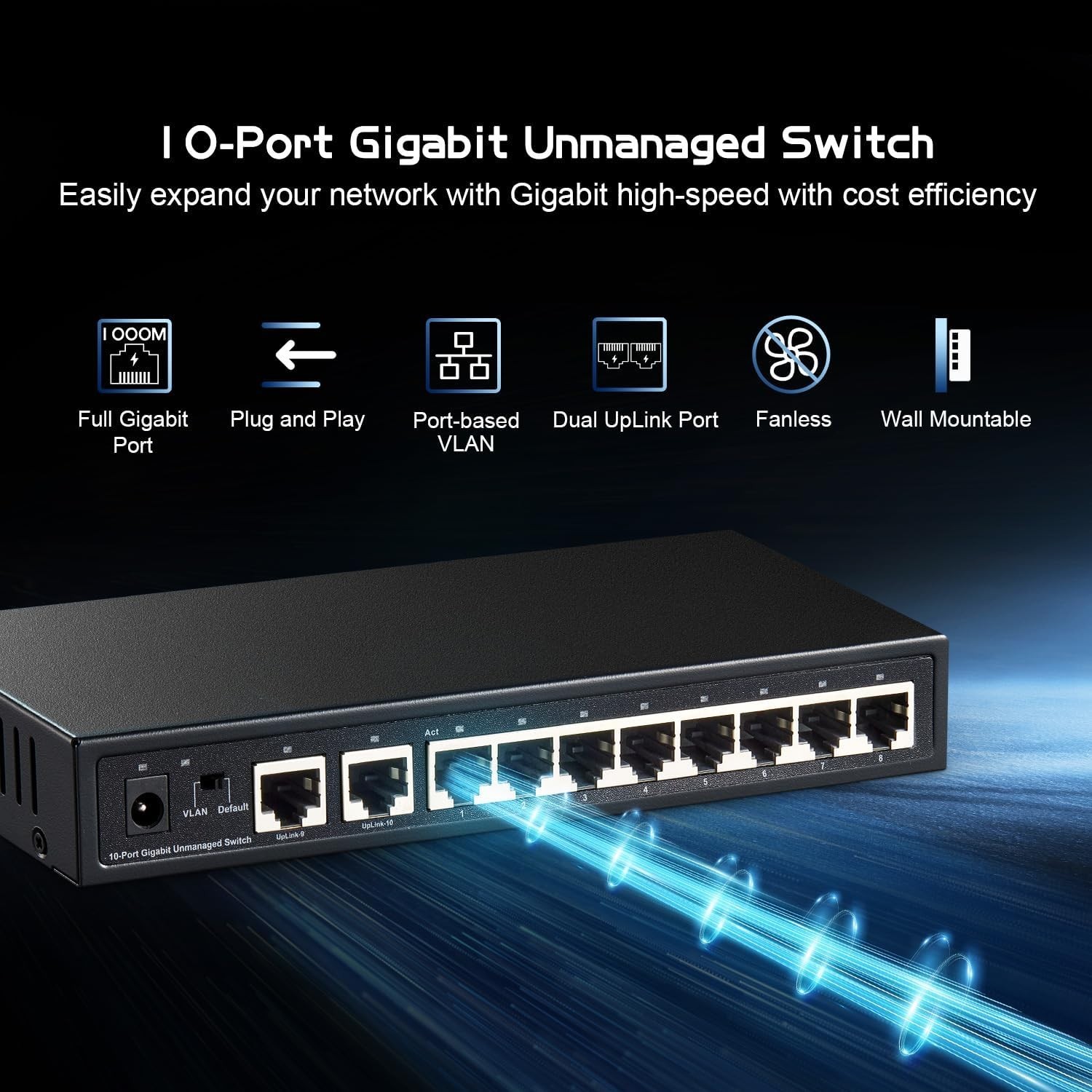10 Port Gigabit Ethernet Switch, 8 Ports 100/1000Mbps, 2 Gigabit Uplink, 10x1G