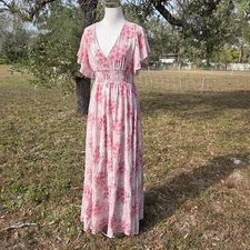 Baltic Born Lynlee Metallic Maxi Dress, Party, Flutter Sleeves Pink Floral Large