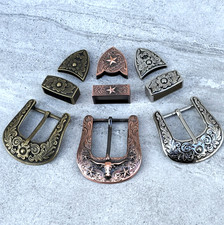 Western 3-Piece Belt Buckle Set Floral Engraved Silver Bronze Cowboy Rodeo Style