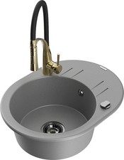 Lavello in granito Mexen Kevin grigio con miscelatore Aster, oro/nero