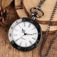 Roman Numerals Display Quartz Black Tone Open Face Movment Pocket Watch Classic