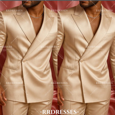 Silk Satin Men's Suit Prom Evening Gold Jacket Banquet Outfits Casual 2Pcs Pants