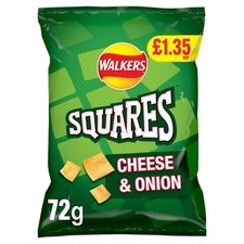 18 x Walkers Squares Cheese & Onion Crisps 72g Bags – Full Case – PMP Snacks