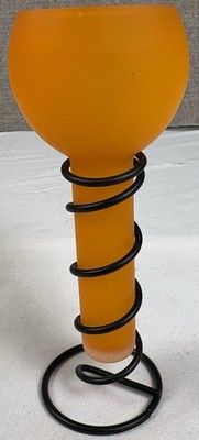 Vintage Frosted Orange Art Glass Vase Black Spiral Metal Stand MCM Style 7.25 