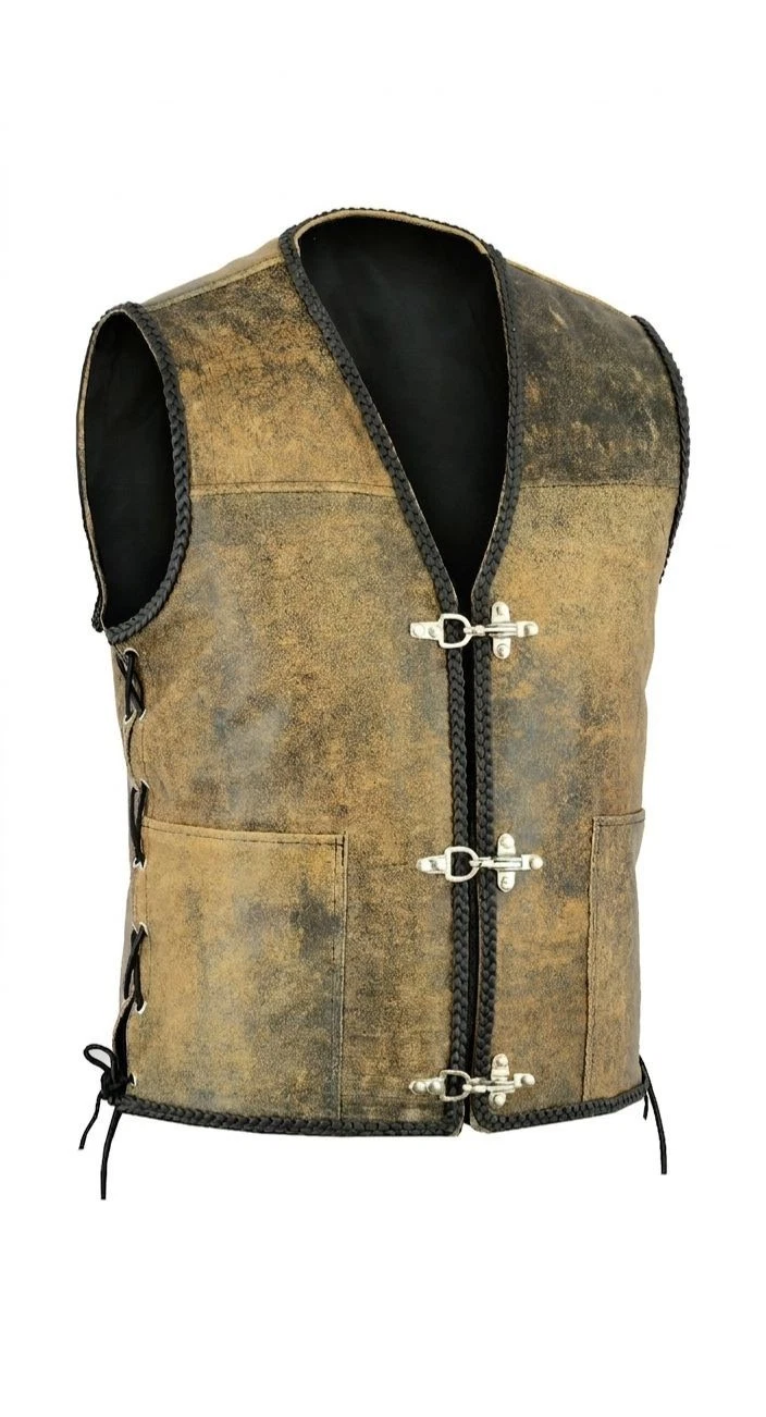 MEN DISTRESSED LEATHER FISH HOOK BUCKLE SIDE LACE MOTORCYCLE WAISTCOAT - BROWN