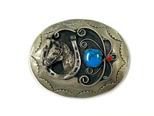 VINTAGE NAVAJO TURQUOISE  CORAL COWCOY BELT BUCKLE HORSESHOE  3D HORSE HEAD