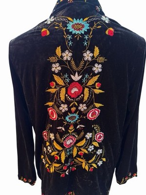 Paparazzi NWT Black Velvet Embroidered Floral Boho Jacket Coat Women's L Johnny