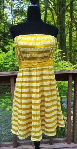 Strapless Striped Sundress Sz 8 Gold Mustard Yellow Rockabilly Retro Pin Up Look - Picture 2 of 16