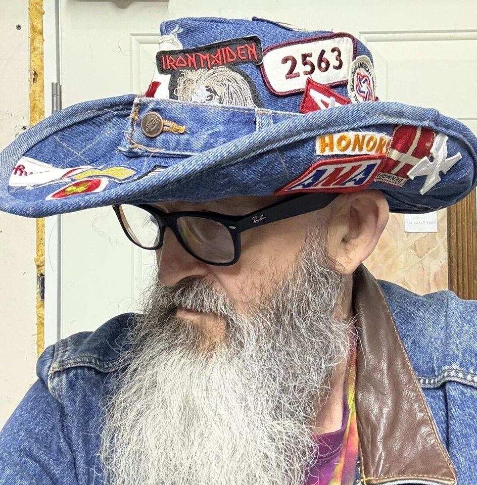 Cowboy Hat size 7 3/4 or XXL handmade upcycled blue jeans patches rockabilly - Image 2 of 4