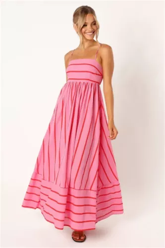 Women's Casual Basic Spaghetti Strap Maxi Dress Sleeveless Summer Strips Dresses - Picture 13 of 31