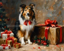 8x10 Matte Print_ Festive Shetland Sheepdog with Bow Sitting on Sofa