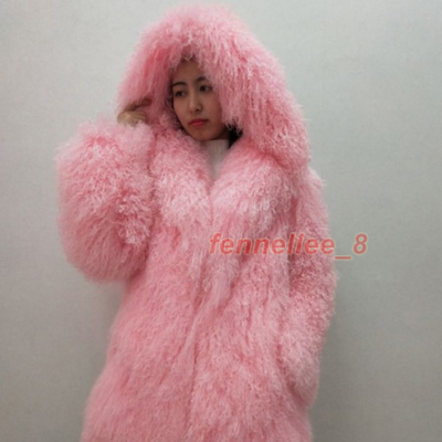 Womens Real Mongolian Sheep Fur Hooded Jacket Winter Warm Curly