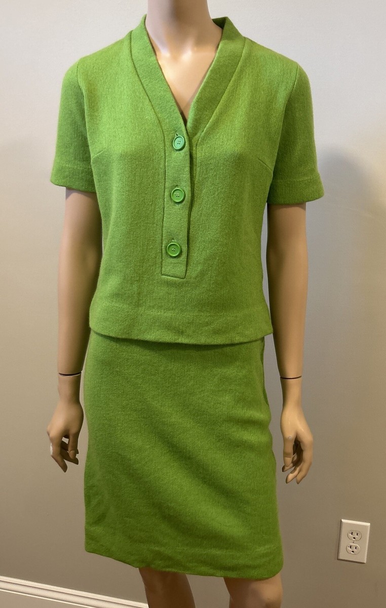 Vintage Kimberly Knit 2pc Set Lime Green Wool Mohair Skirt Suit