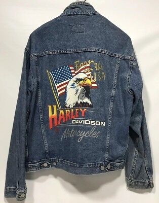 Vintage 80s 90s Harley Davidson Mens Medium Denim Jean Jacket USA Eagle  Flag | eBay