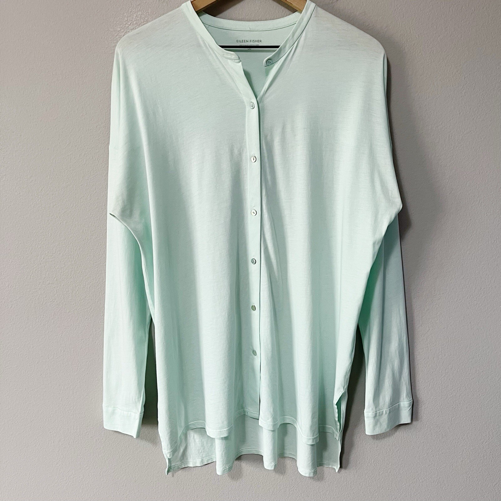 Eileen Fisher Organic Cotton Button Front Tunic Top Long Sleeve Mint Green Large