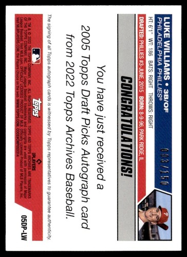 2021 TOPPS ARCHIVES AUTO PURPLE Luke Williams Auto /150 Philadelphia Phillies - Picture 2 of 2