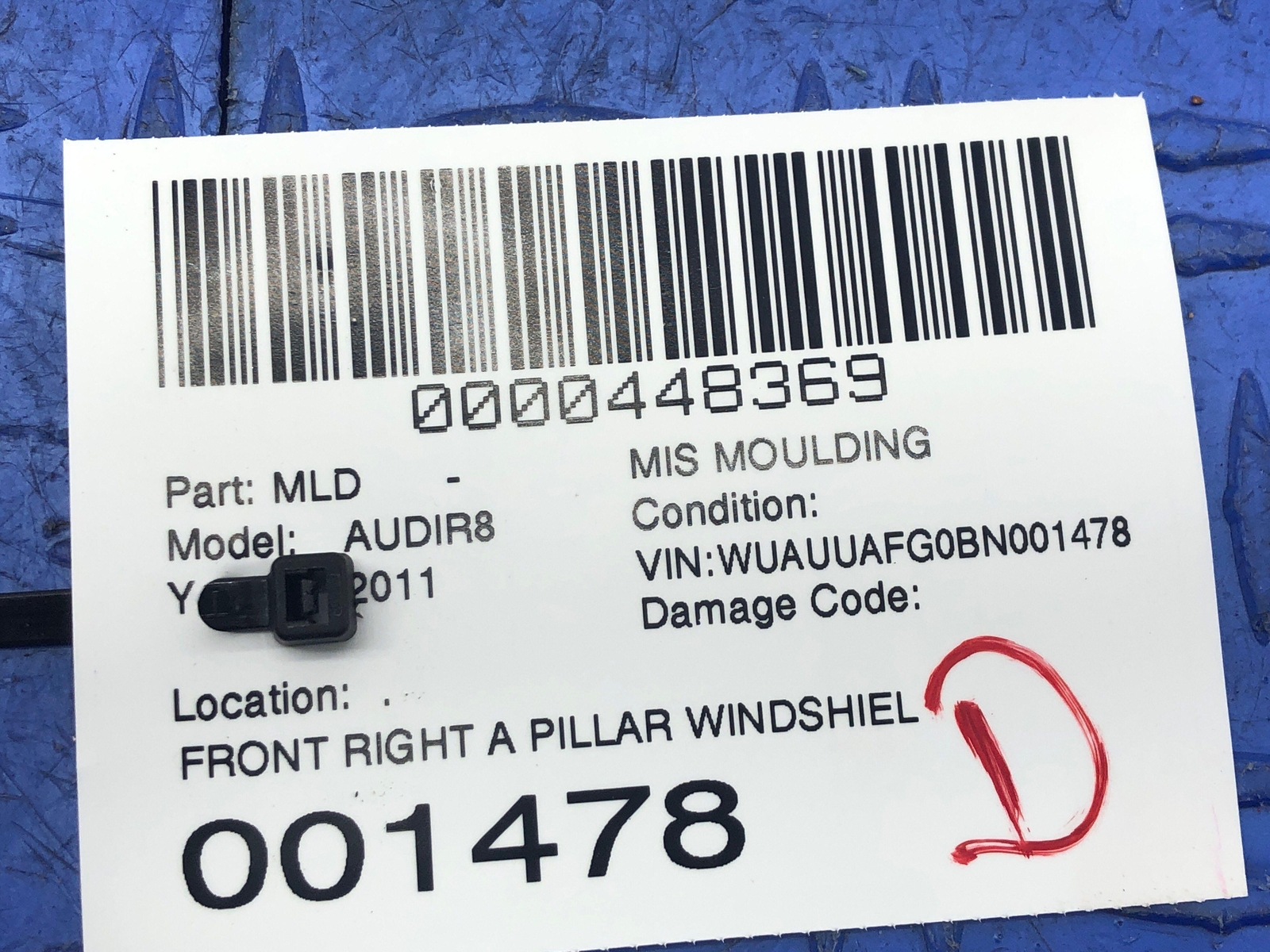 2008-2015 AUDI R8 FRONT RIGHT A PILLAR WINDSHIELD TRIM MOULDING *PICS* 427853266
