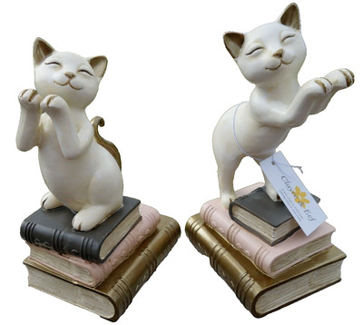 Shabby Wunderschöne Buchstützen Zwei Katzen Polyresin 20x10x8cm Retro Stil NEU n