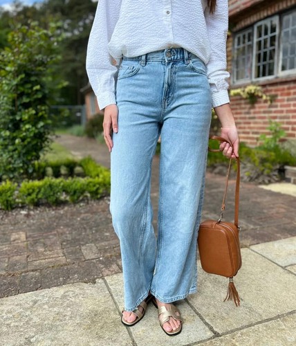 Ex M*S Jeans Damen blau Denim Baumwollmischung Mid-Rise helle Waschung lässig weites Bein - Bild 9 von 35