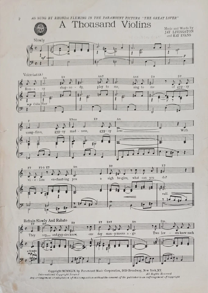 A Thousand Violins From The Great Lover Bob Hope Piano Vocal Music Book d6 - Image 3 of 3