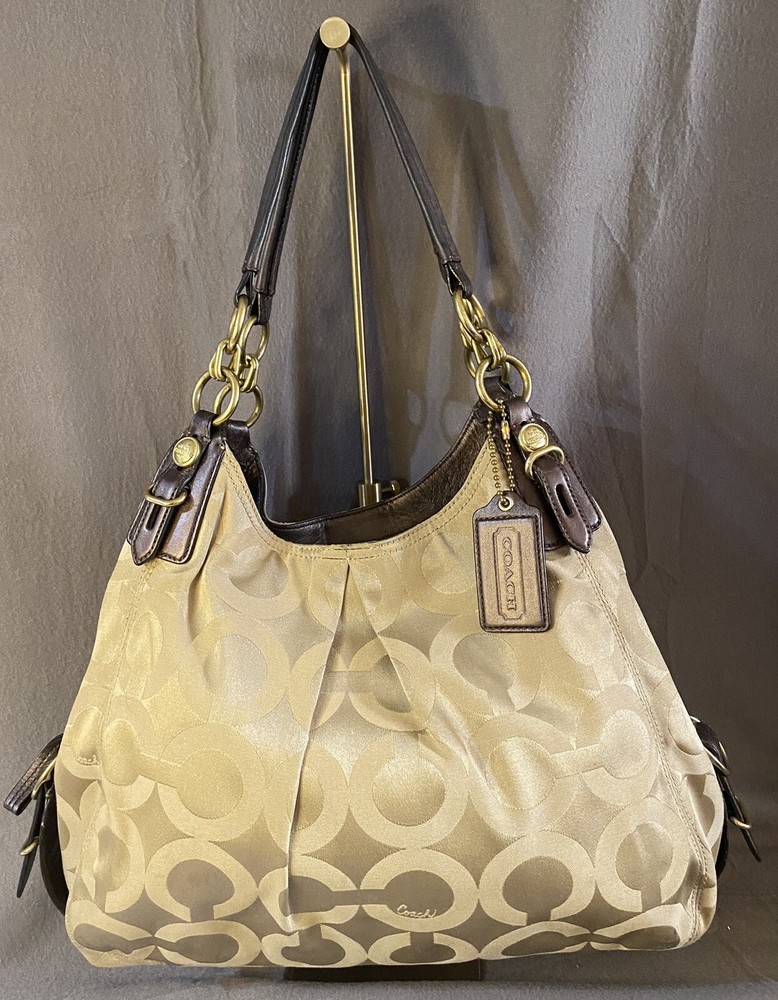 Coach Signature Beige Fabric With Leather Trim Shoulder Bag Preloved