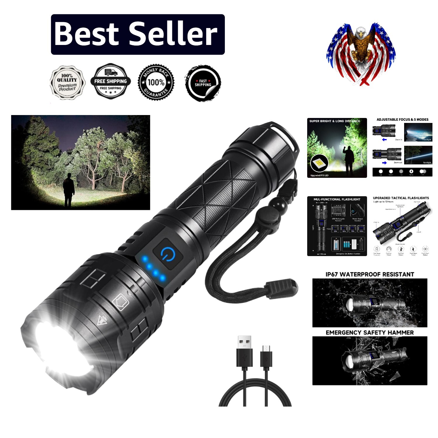 High Power 990000L Tactical Flashlight - Adjustable Modes, USB Rechargeable