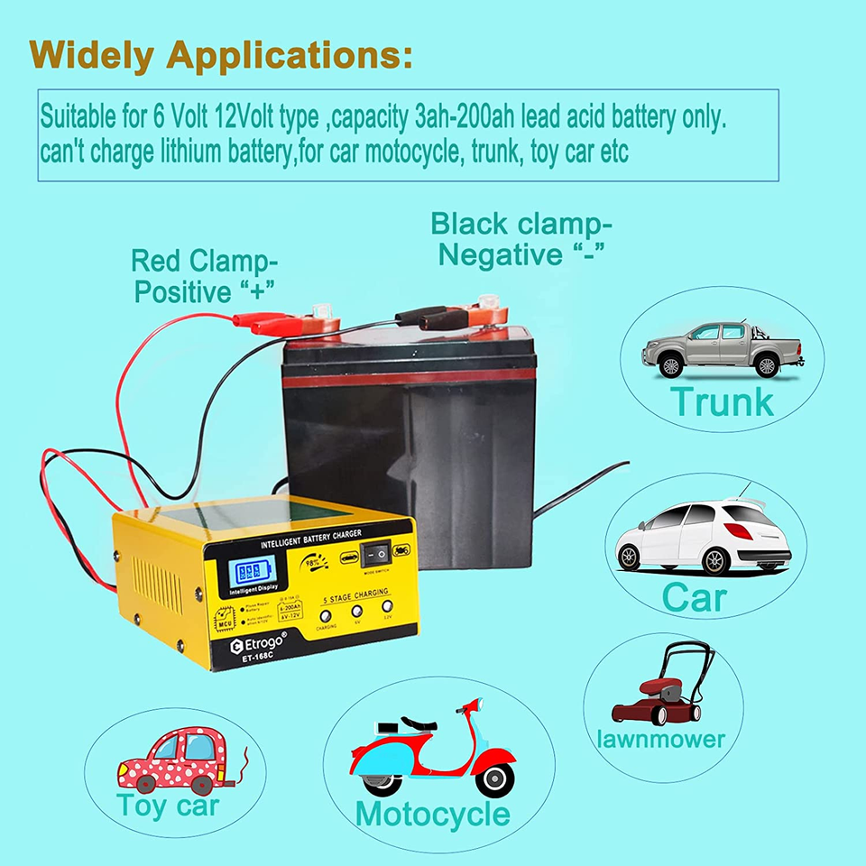 Lead Acid Battery Trickle Charger 6V/12V 10A Intelligent Auto Stop