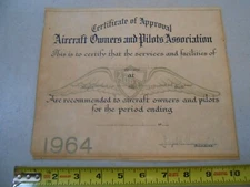 RARE 1964 AIRCRAFT OWNERS & PILOT ASSOCIATION AOPA APPROVAL CERTIFICATE MILITARY