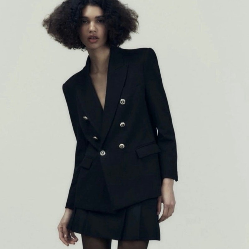 ZARA Black Double Breasted Tailored Blazer Gold Buttons Women’s Size XL thumbnail 11