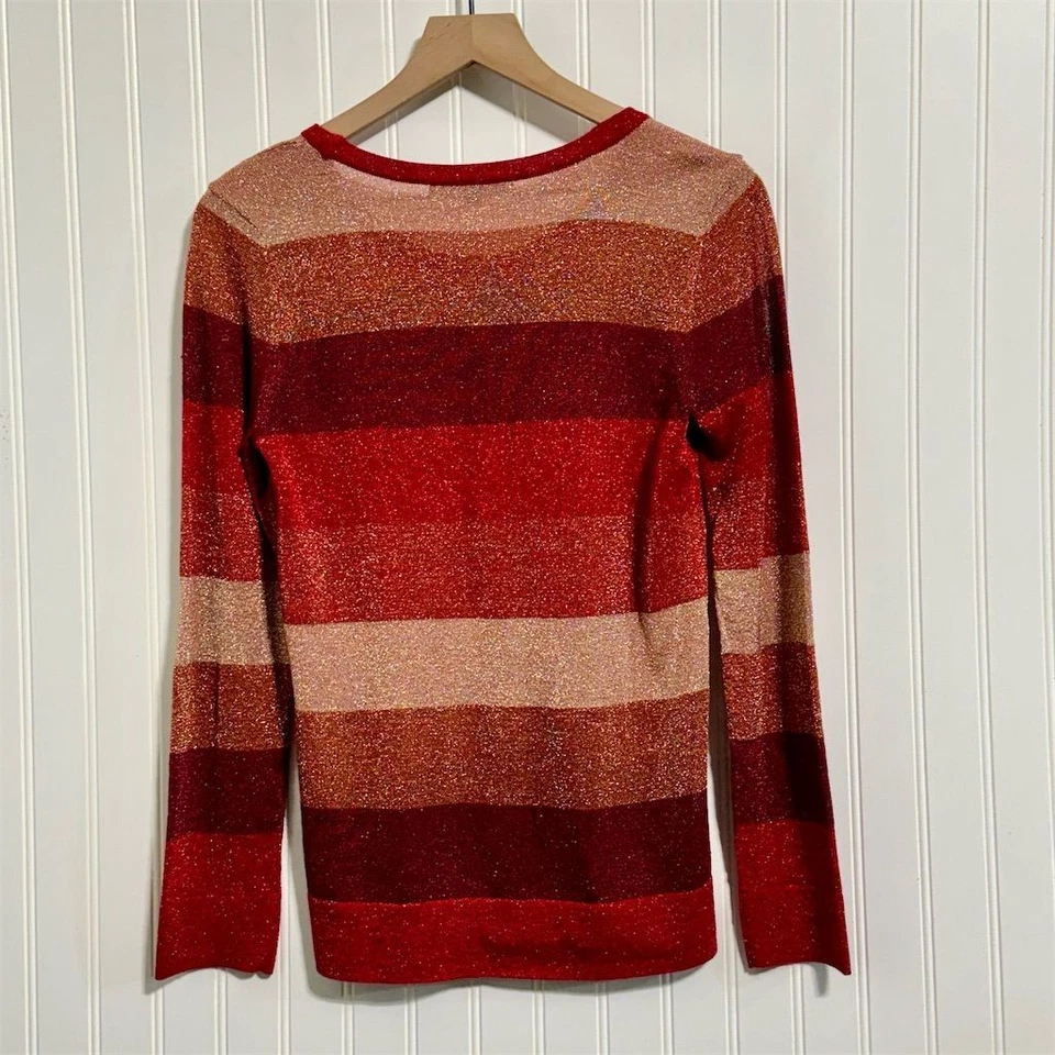 Antonio Melani Sweater Medium Red Gold Metallic Striped Crew Neck Holiday Party - Image 3 of 4