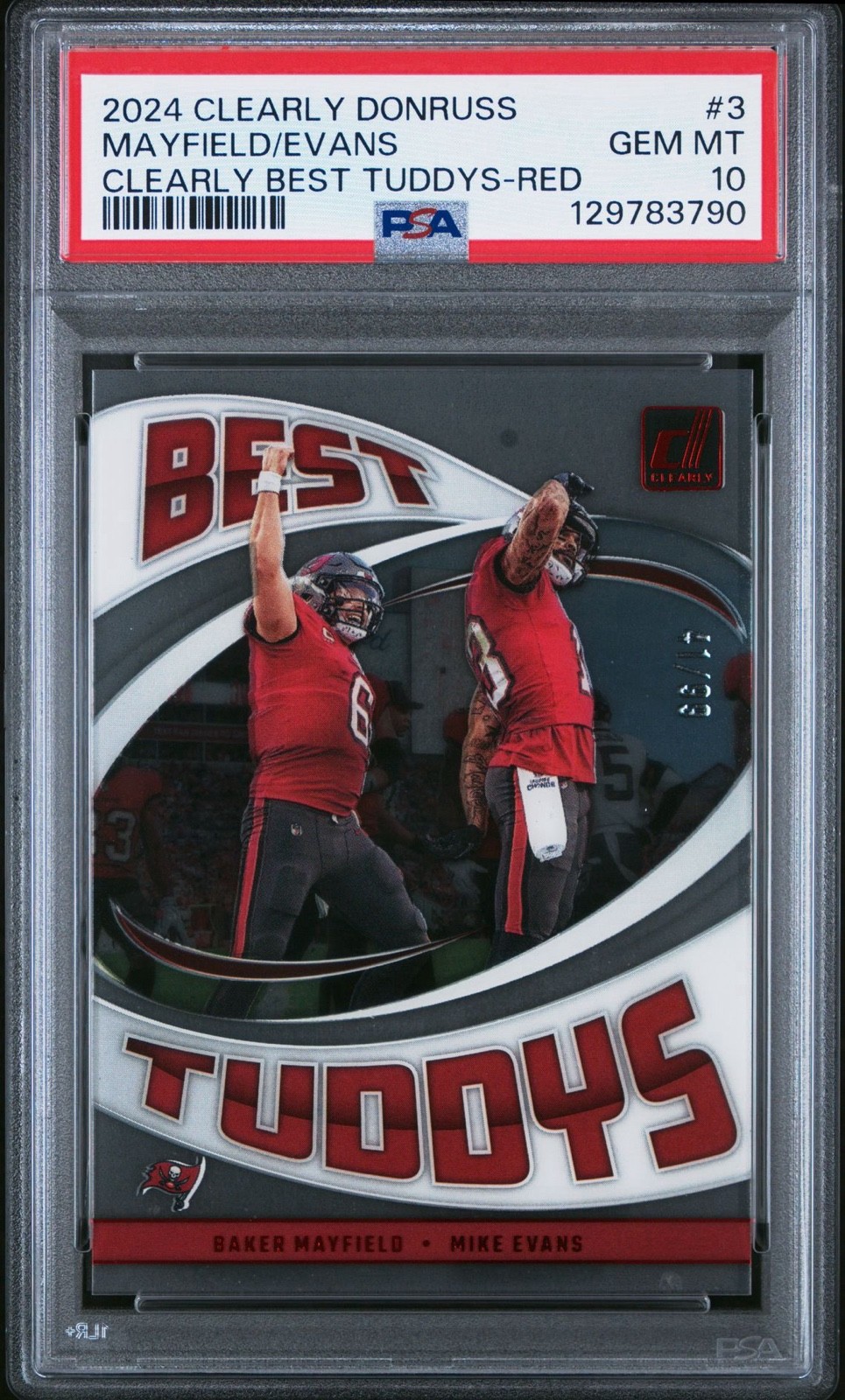 2024 Panini Clearly Donruss Best Tuddys Baker Mayfield Mike Evans Red /99 PSA 10