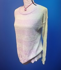 LOFT Coastal knit sheer Striped pink white Crew Neck Knit Sweater Size Small