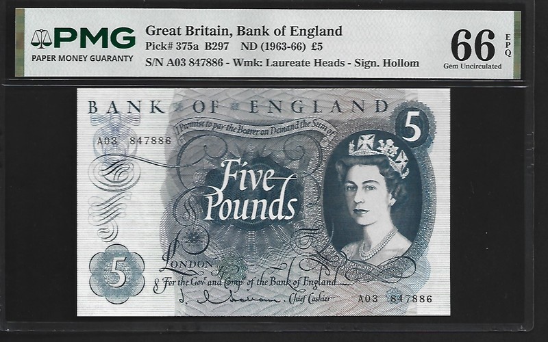 Great Britain 5 Pounds 1963-66 PMG 66 EPQ UNC P#375a Queen Elizabeth II