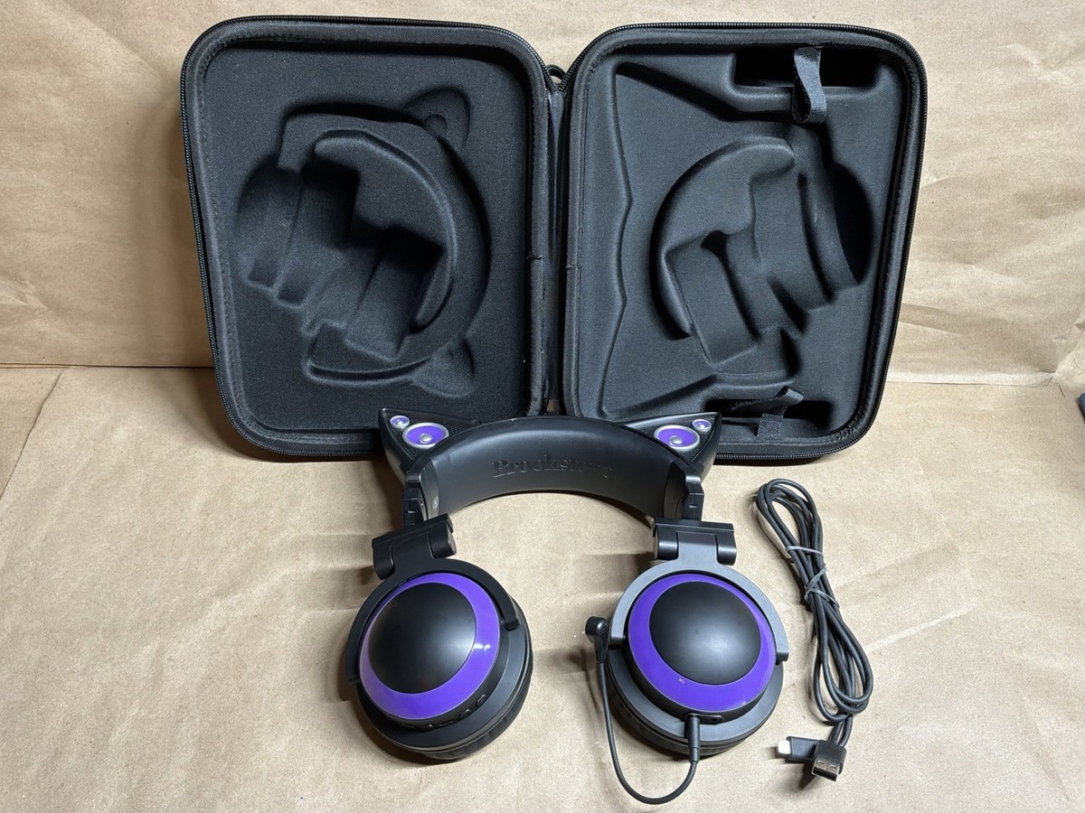 ヘッドホン Brookstone Cat Ear Headphones Brookstone Purple Black Cat Ear Headphones w/ Storage Case and
