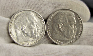 (2) German 1935 1936 Third Reich 5 Mark Silver Coins XF