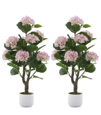 Artificial Hydrangea Tree 2 Pack, 3FT Faux Hydrangea Plant in Pot with Pink F...