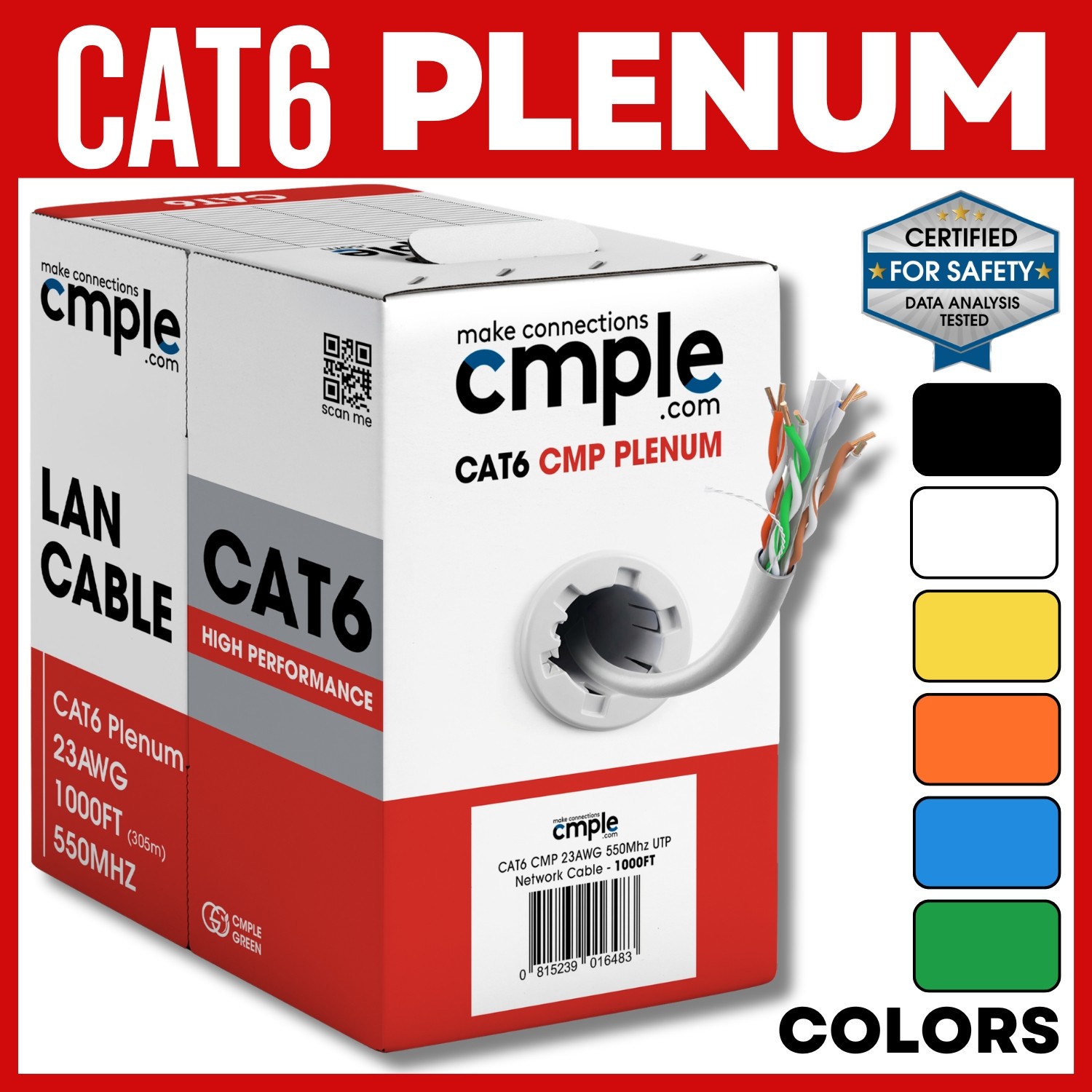 Cat6 Ethernet Cable 1000ft CMP Plenum 23AWG UTP 550MHz Bulk Network Cable-image