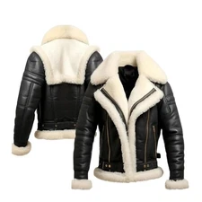 Men’s Black B3 Aviator Bomber Jacket Sheepskin Leather RAF Shearling Fur Coat